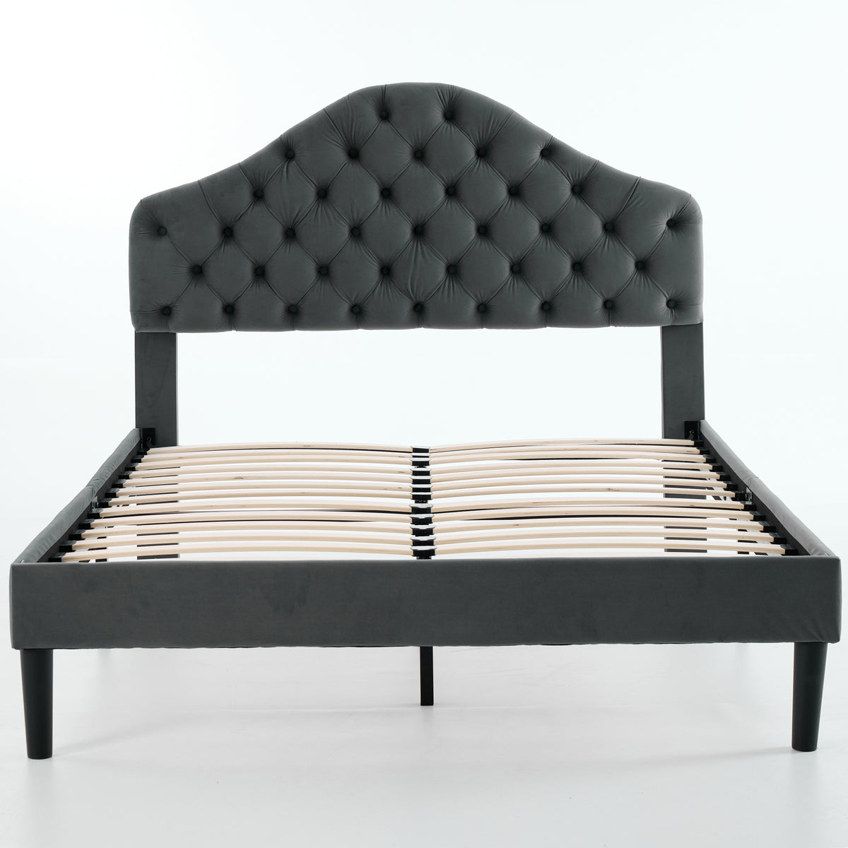 Full Upholstered Platform Bed Frame, 140x200cm, Velvet Gray
