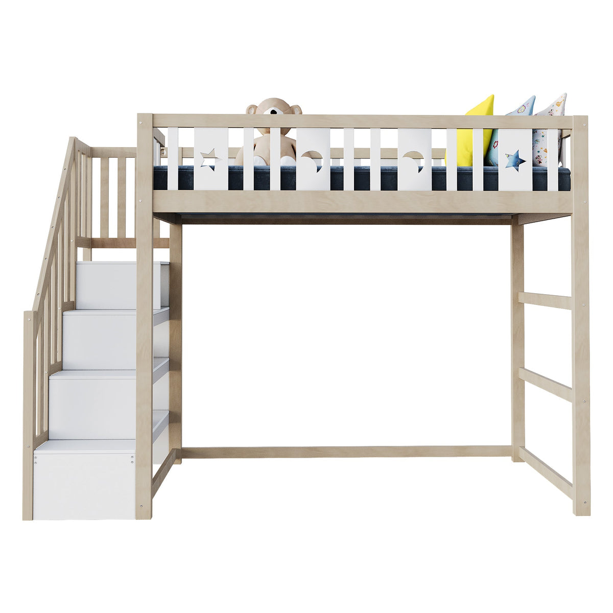 Children's Loft Bed 90*200, Storage Climbing Ladder & Safety Rails, Solid Wood