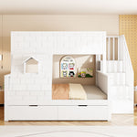 Bunk Bed with Safety Ladder, Drawers and Window, 90x200cm and 140x200cm, Solid Wood