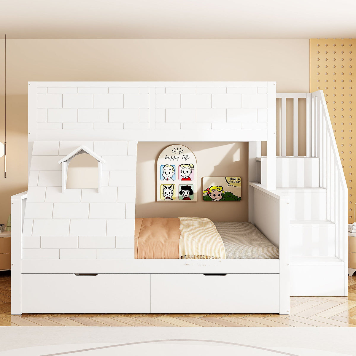 Bunk Bed with Safety Ladder, Drawers and Window, 90x200cm and 140x200cm, Solid Wood