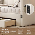 Upholstered Daybed with 2 Storage Drawers and USB Port, Beige Linen