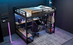 Loft Bed 140x200cm with Storage, Wardrobe & LED, Black Metal