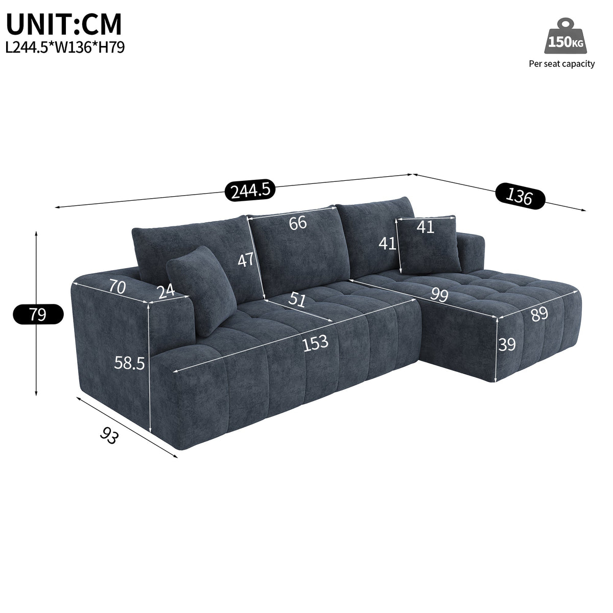 Modular L-shaped Corner Cloud Sofa, Frameless and Freely Combinable, Blue Chenille