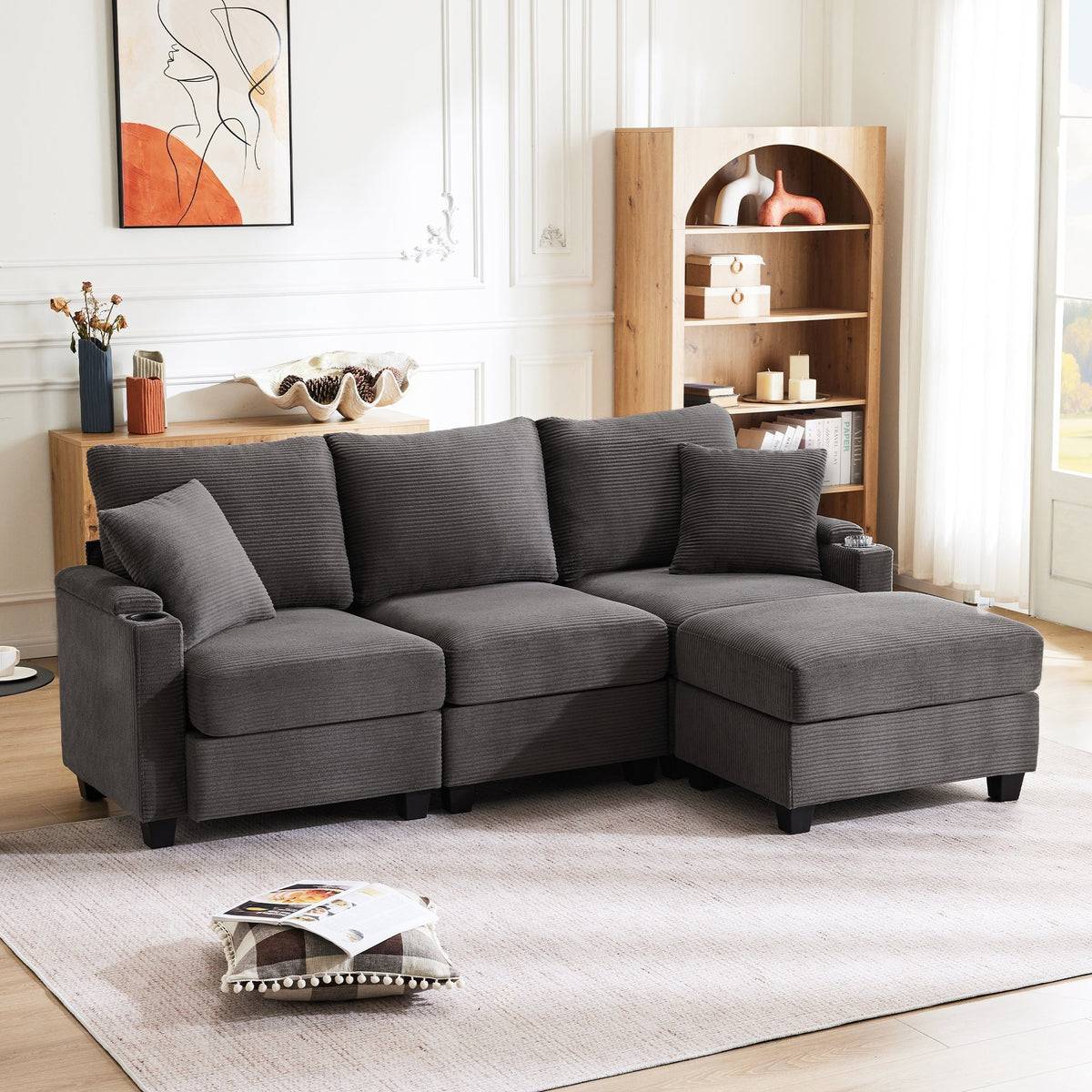 L-shaped Corner Sofa, Convertible 3-Seater with Footstool, Cup Holder, USB Charger, Armrest Storage, Dark Gray