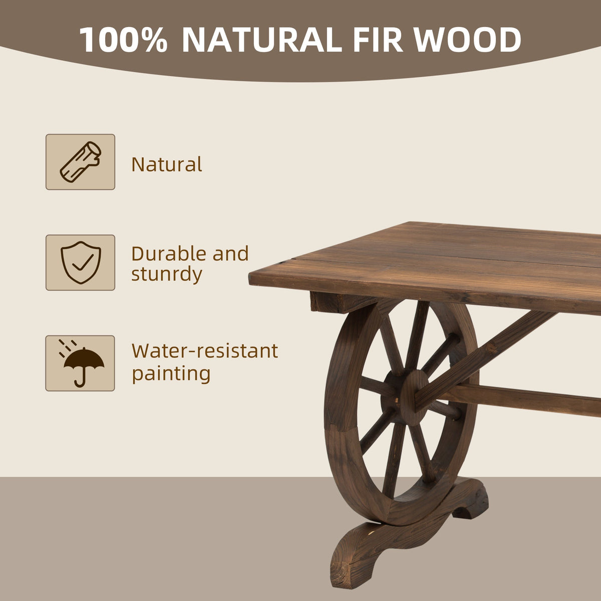 Garden Table, Wheeled Design Weather-Resistant 113 x 60 x 65 cm, Solid Wood Natural Finish