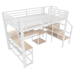 Loft Bed with Desk, LED Lighting and Storage Staircase, 140 x 200 cm, White