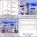 Loft Bed with Storage Compartment, LED Light Strip and Clothes Rail, White Iron Frame