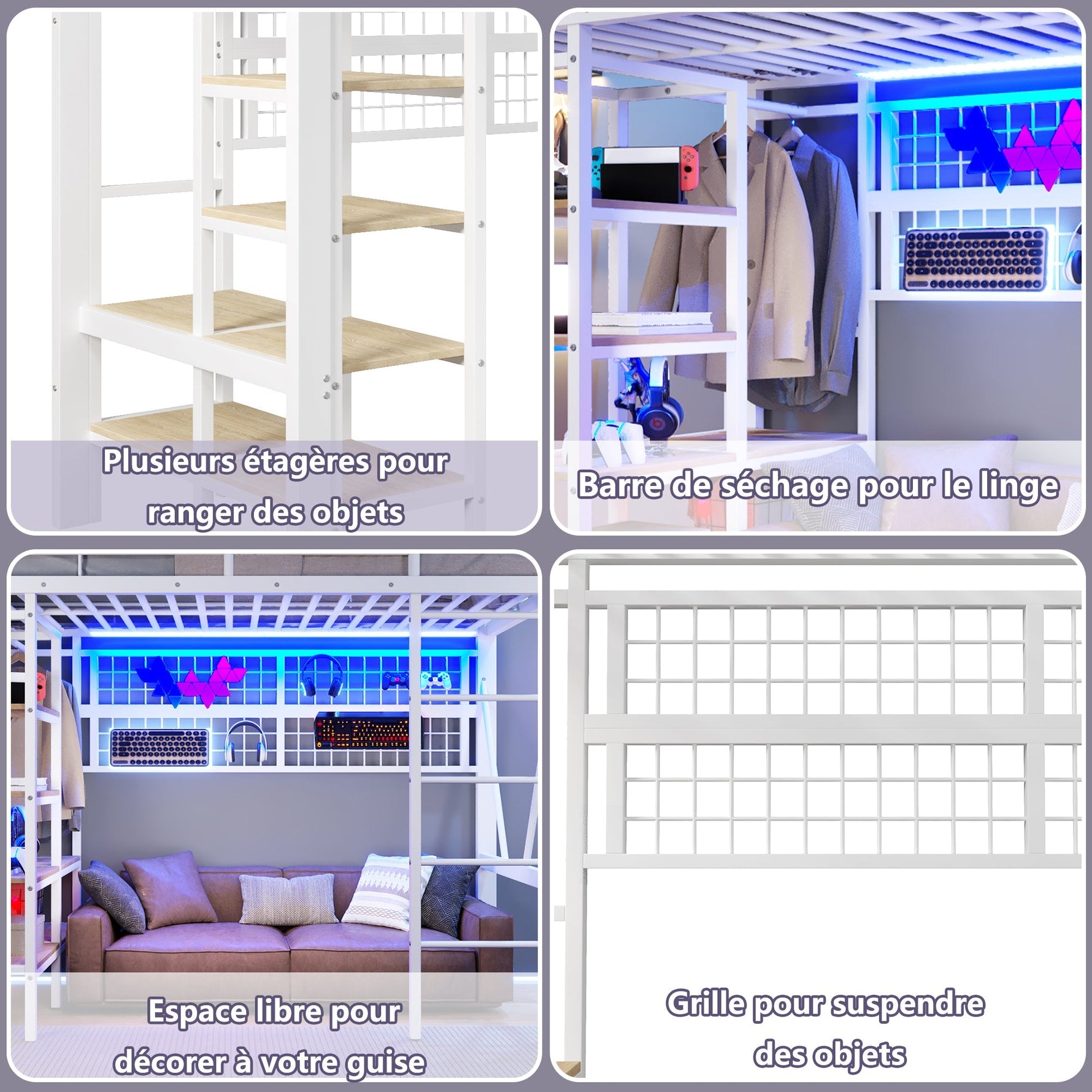 Loft Bed with Storage Compartment, LED Light Strip and Clothes Rail, White Iron Frame