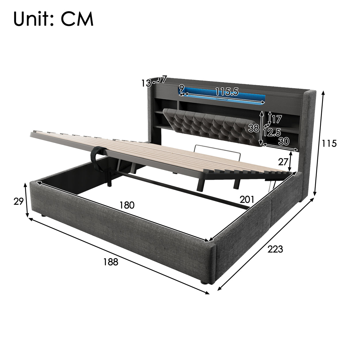 Upholstered Bed 180x200 with Hydraulic Storage & LED, Grey Linen