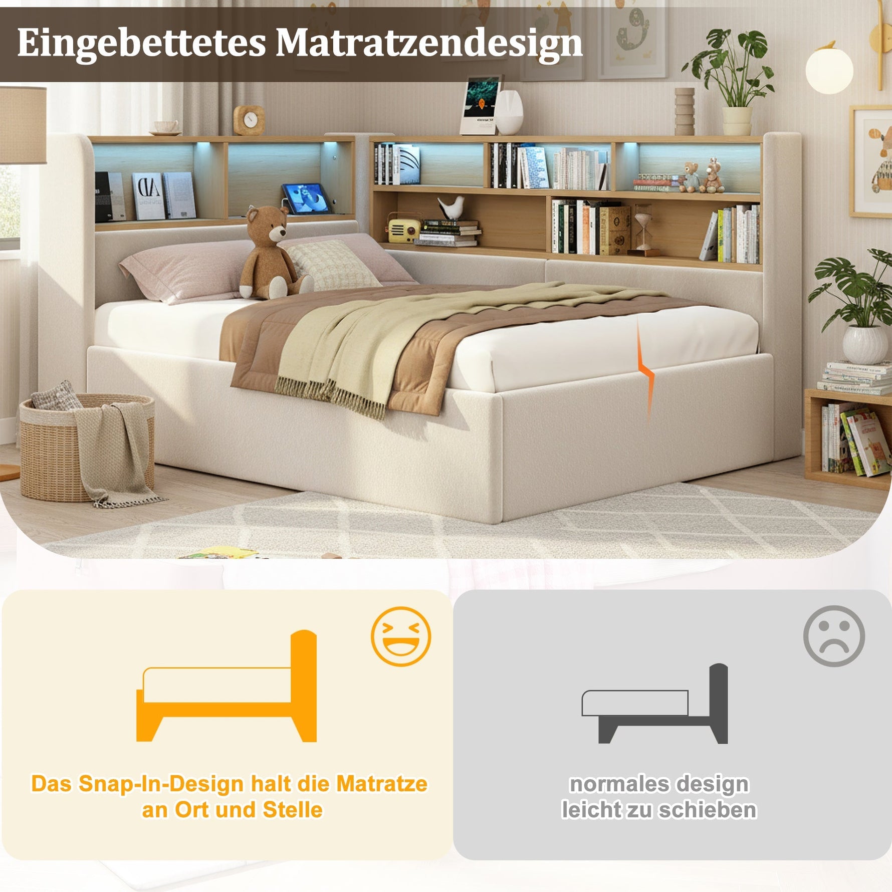 Daybed Upholstered Sofa Bed 90x200cm Hydraulic Storage LED USB Beige Velvet