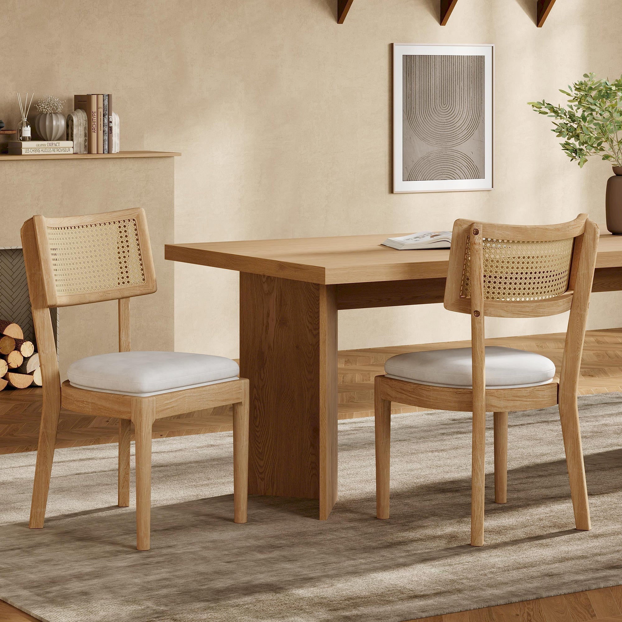 Solid Wood Dining Chairs with Rattan Backrests and Linen Seats, Set of 2, Wood Color