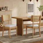 Solid Wood Dining Chairs with Rattan Backrests and Linen Seats, Set of 2, Wood Color