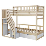 Bunk Bed, Solid Wood 90x200cm with Safety Rail, Slatted Frame, Storage Ladder & Drawers, Wood Color