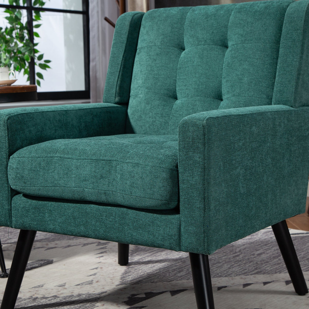 Upholstered Armchair with Buttoned Padding and Solid Wood Legs, Suede Black
