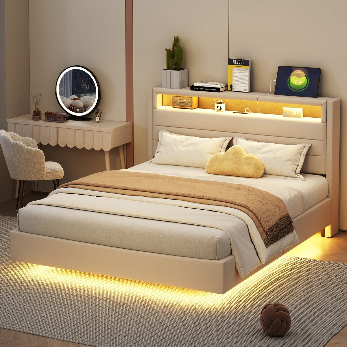 Upholstered Bed 140x200 cm with USB & LED Light, Reversible Headboard, Linen Fabric Beige