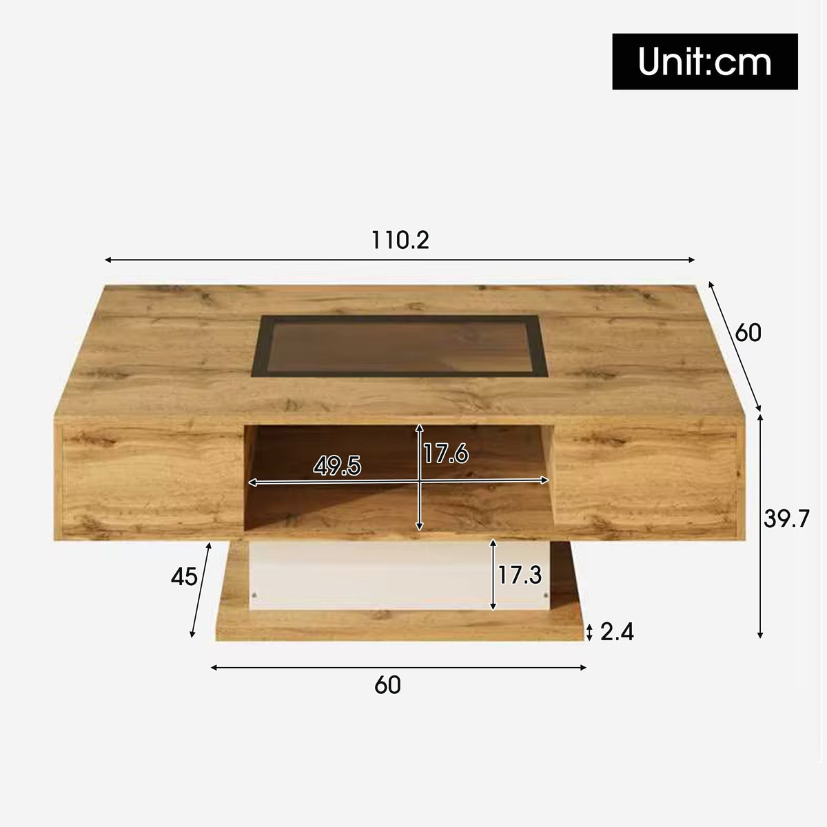 Coffee Table with Color-Changing LED Light, Glass, Two Drawers