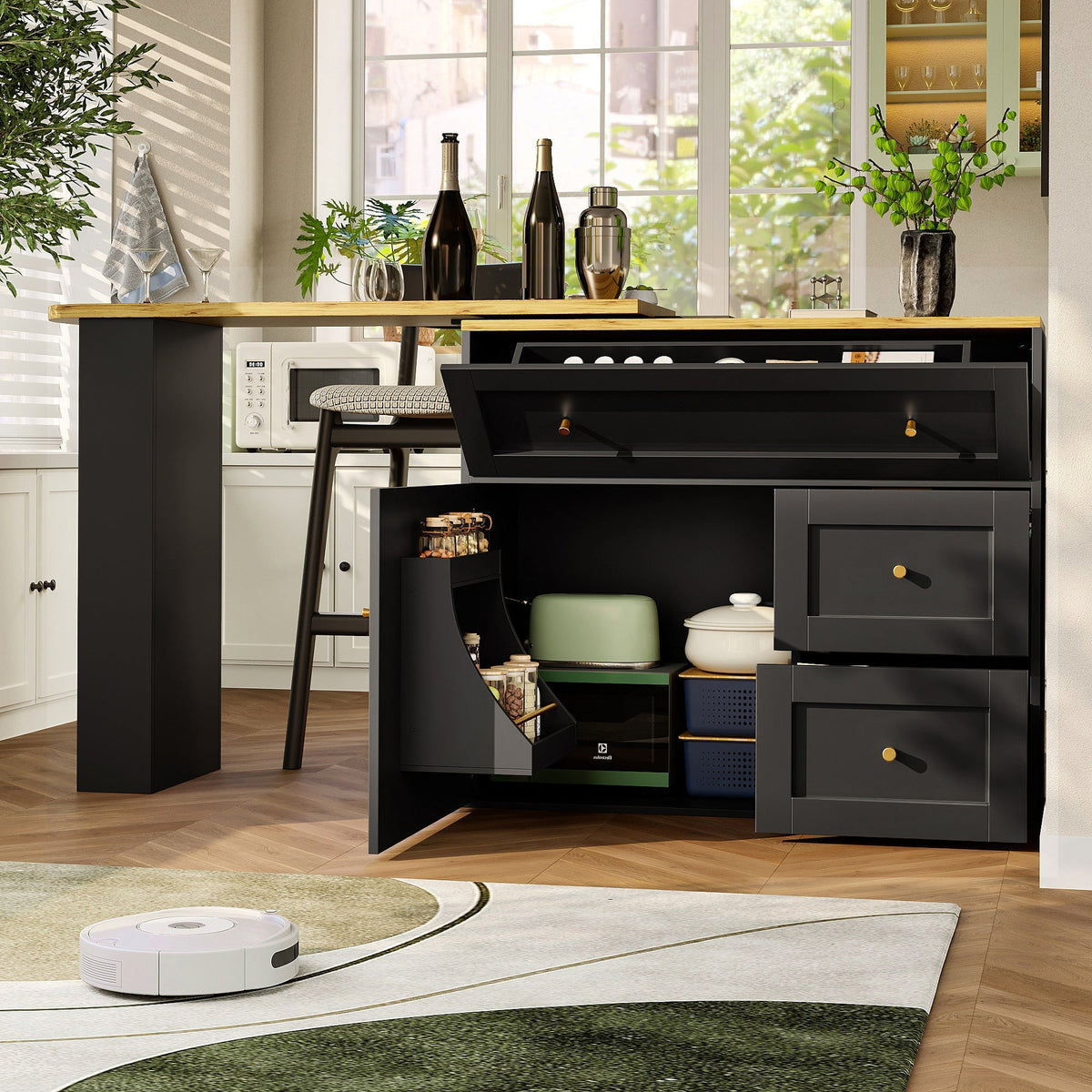 Extendable Bar Table with Storage and Snack Shelf, Black