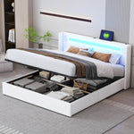Multifunctional Upholstered Bed with LED Lighting, Bluetooth and USB Storage, White PU Leather
