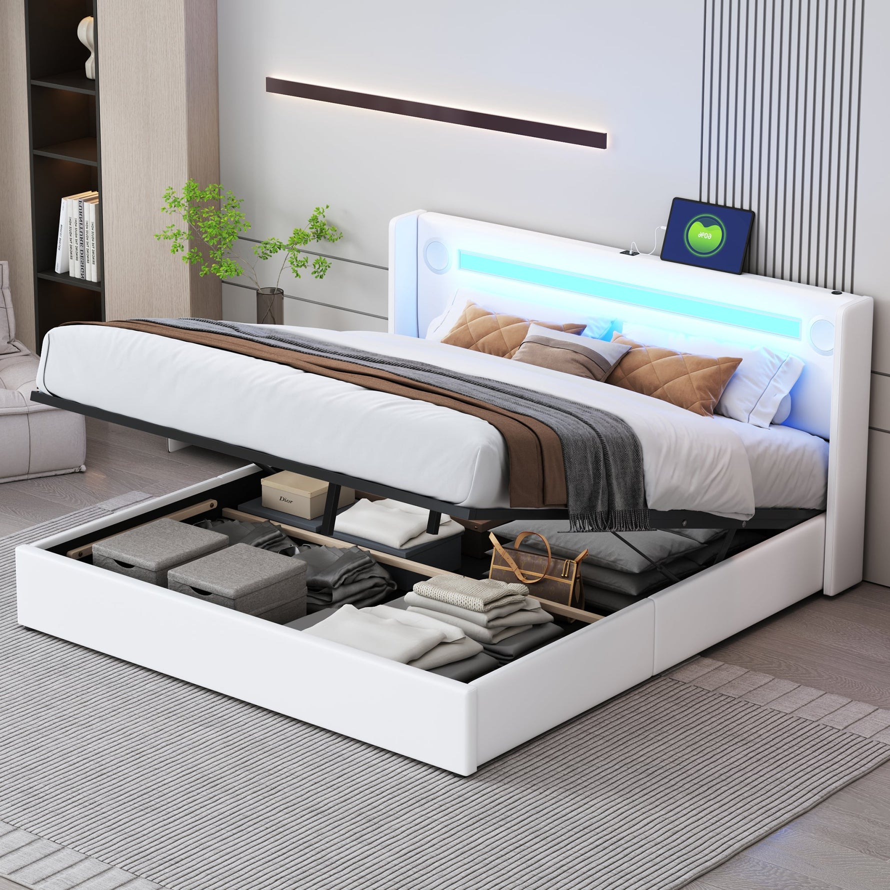 Multifunctional Upholstered Bed with LED Lighting, Bluetooth and USB Storage, White PU Leather