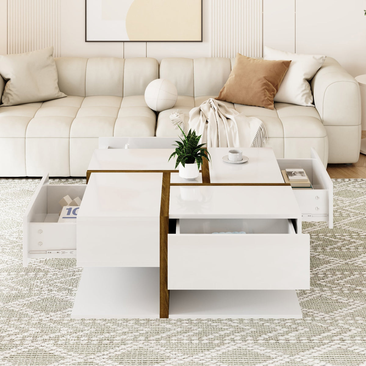Coffee Table, 4-Drawer with Storage, High-Gloss