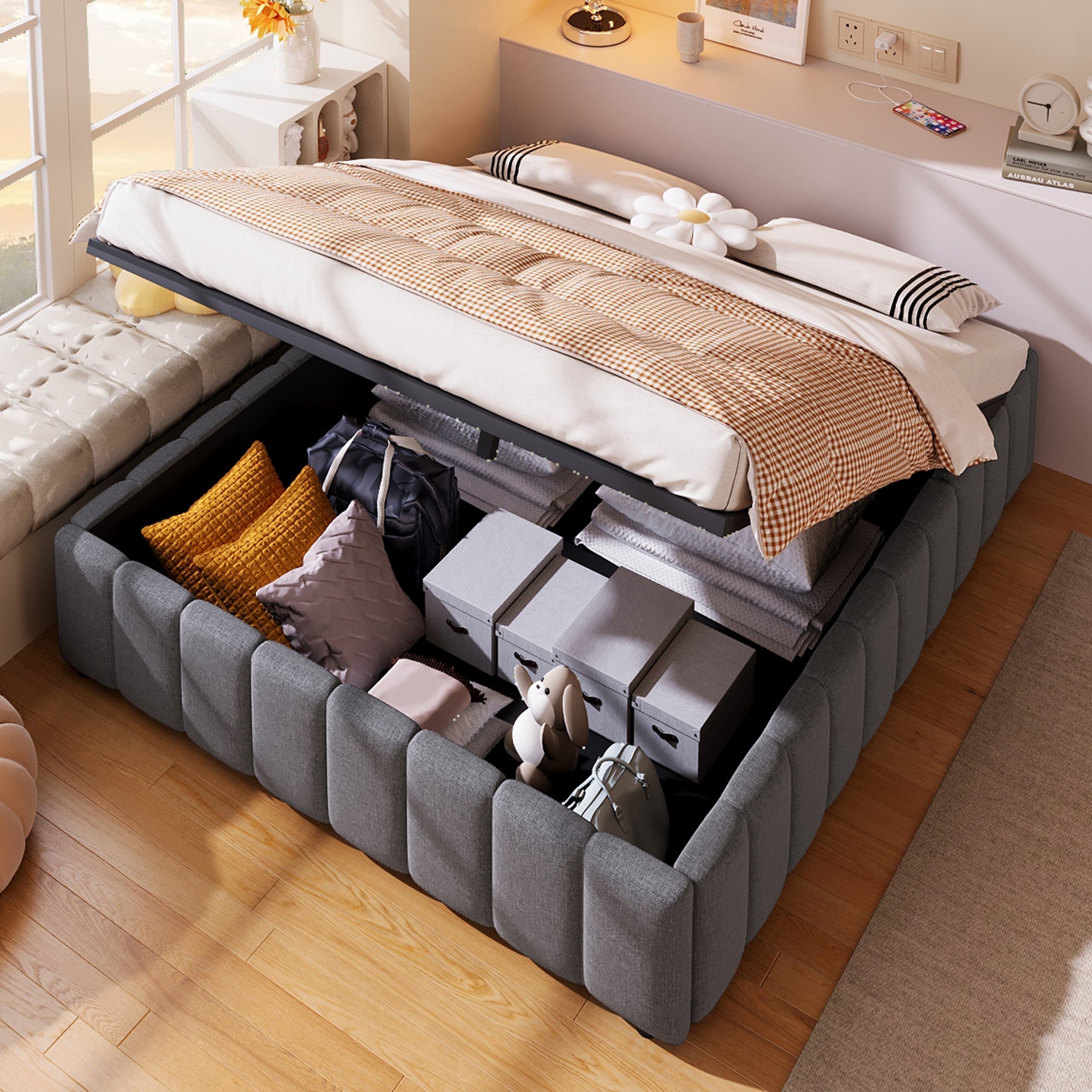Upholstered Bed with Hydraulic Storage and No Headboard, 140x200cm, Grey Linen