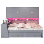 Multifunctional Bed 90x200cm with Desk, Storage & LED, Grey Wood