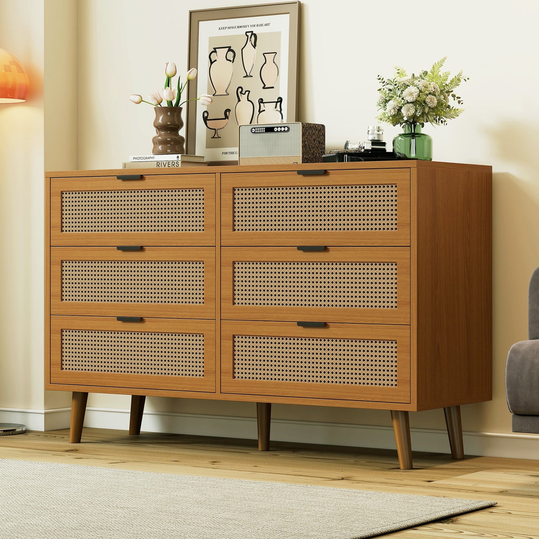 Chest of drawers 6 drawers with metal handles made of wood
