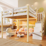 Loft Bed 140x200cm with LED Lights & Storage - White & Natural