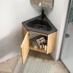 Wall-Mounted Corner Bathroom Vanity Unit with Matte Black Resin Basin, Natural Wood Grain