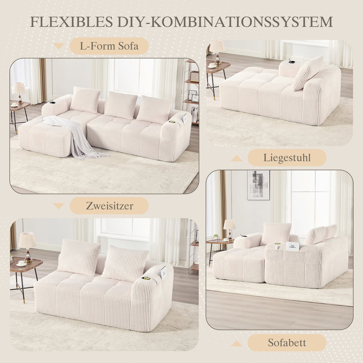 Compact Modular Sofa with Side Pocket, Cup Holder & 3 Cushions - Corduroy Beige