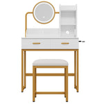 Modern Dressing Table with LED Mirror, Stool & Power Outlets, White