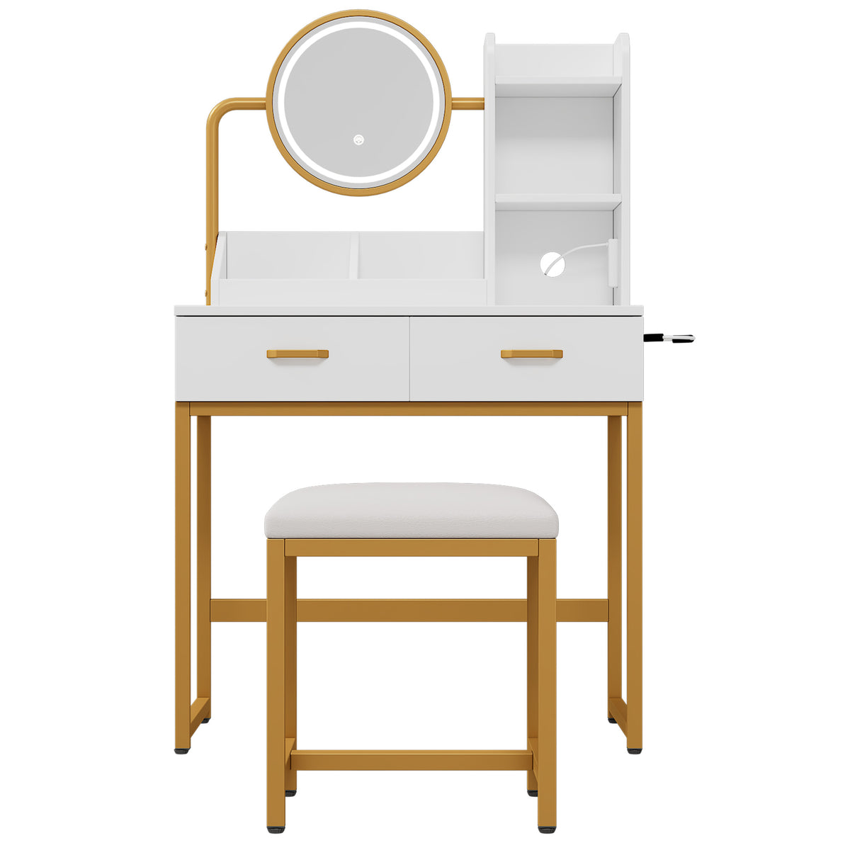 Modern Dressing Table with LED Mirror, Stool & Power Outlets, White