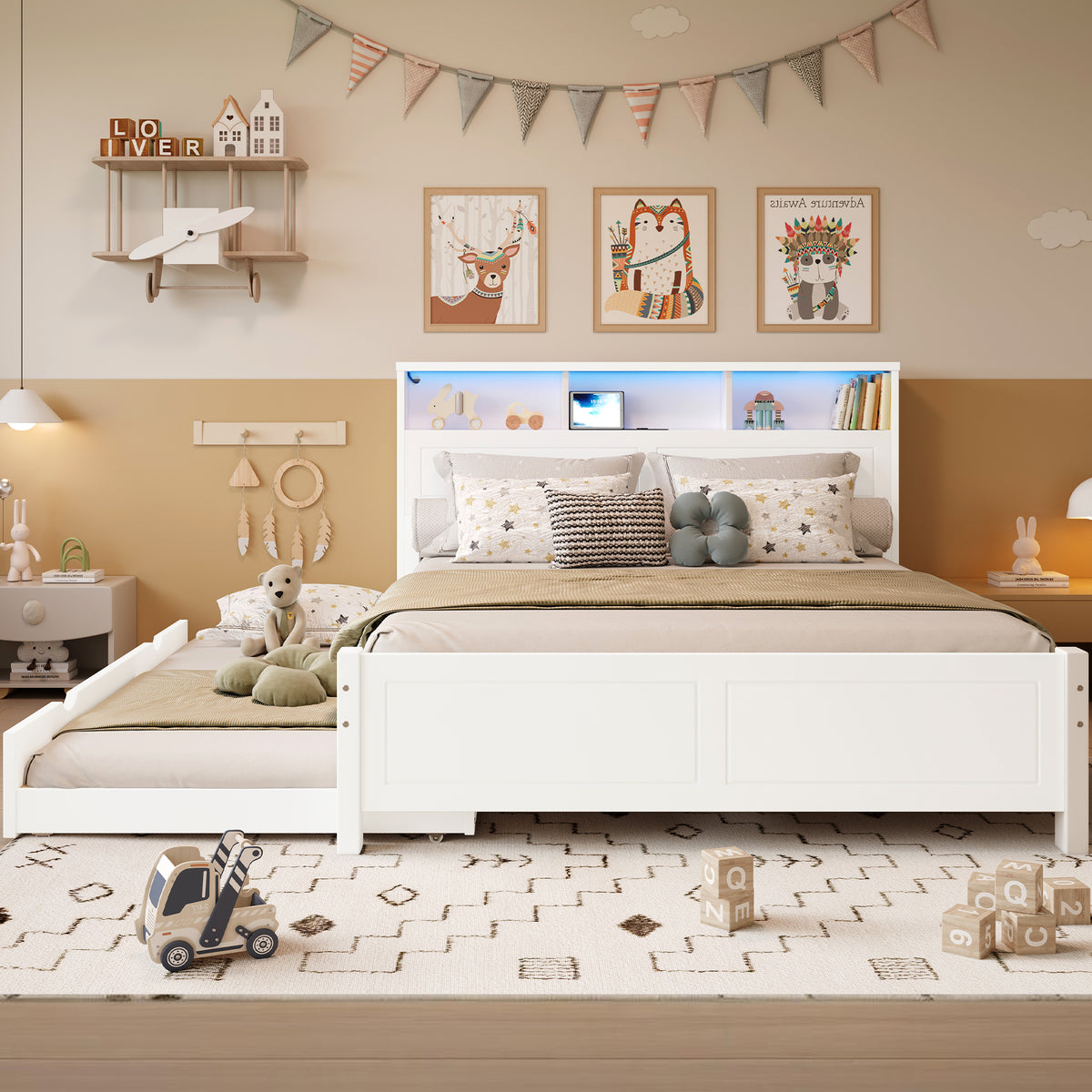 Double Bed with Trundle, Storage & LED Light, White Pine Frame