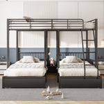 Triple Bunk Bed, Drawers, Convertible to Double & Two Single Beds, Metal, Black