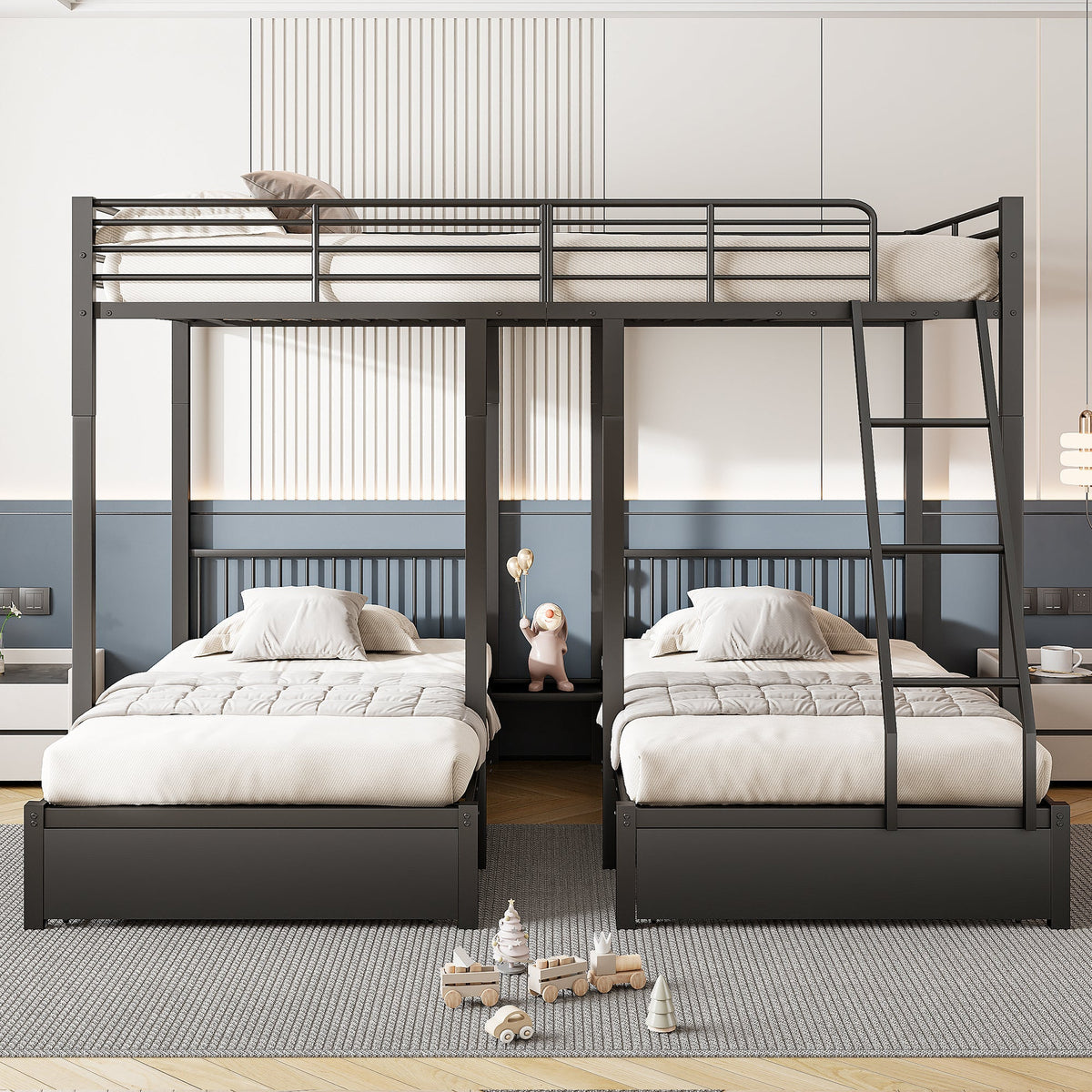 Triple Bunk Bed, Drawers, Convertible to Double & Two Single Beds, Metal, Black