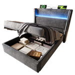 Modern Hydraulic Bed 90x200cm, High Headboard LED Storage USB/Type-C, Linen Look Grey