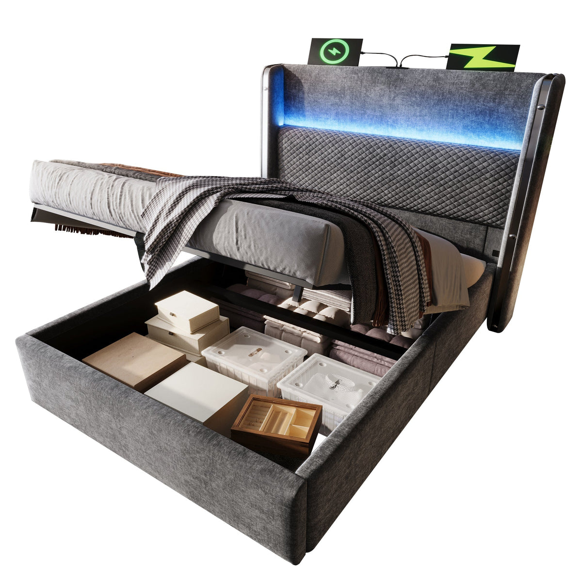 Hydraulic Bed 90x200cm Single, High Headboard, LED, Storage, USB/Type-C, Linen Look Grey
