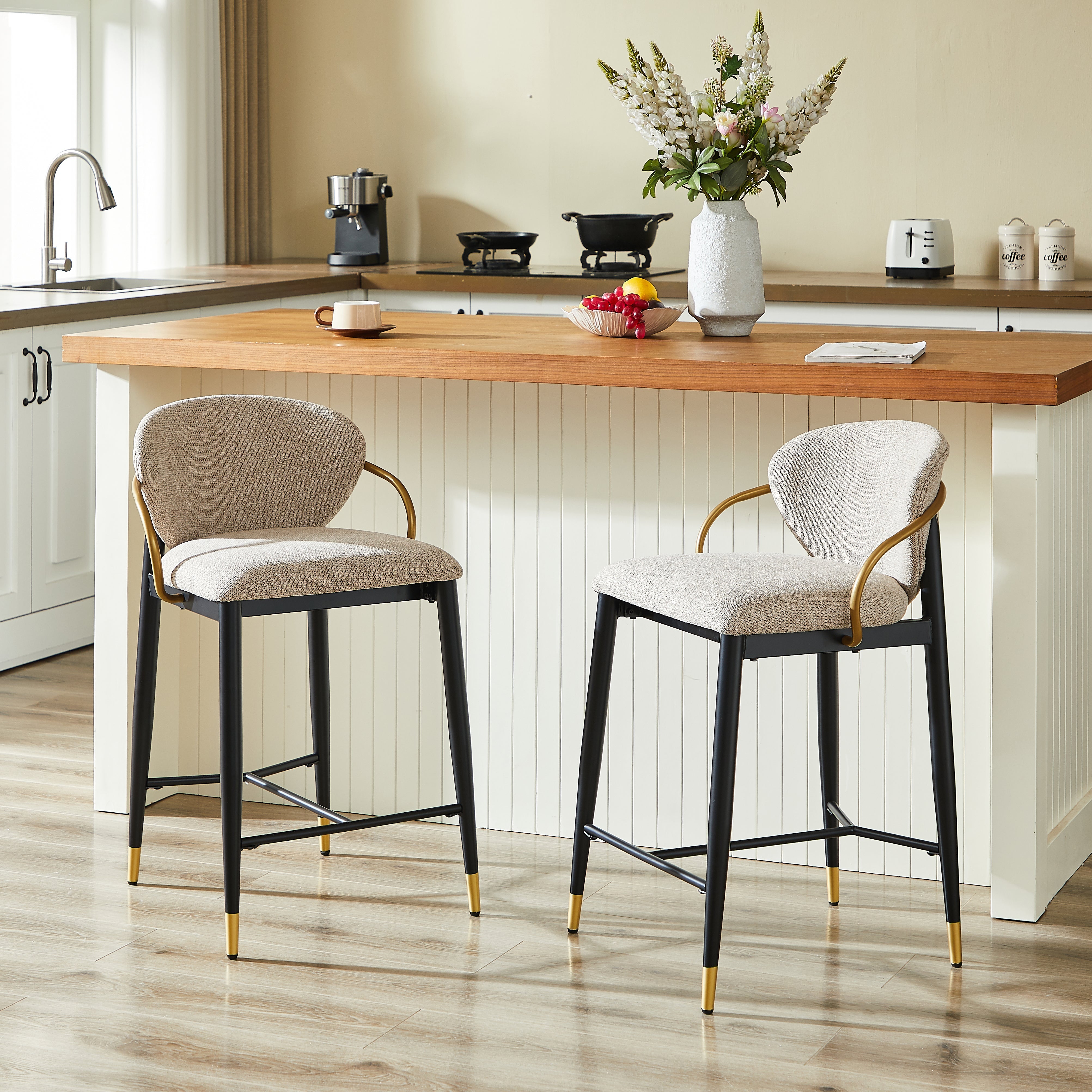 Set of 2 Bar Stools Adjustable Height Backrest Footrest - Chenille Light Brown/Black Gold