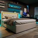 Upholstered Bed with LED, Storage, USB-C Headboard, 140x200 Cotton