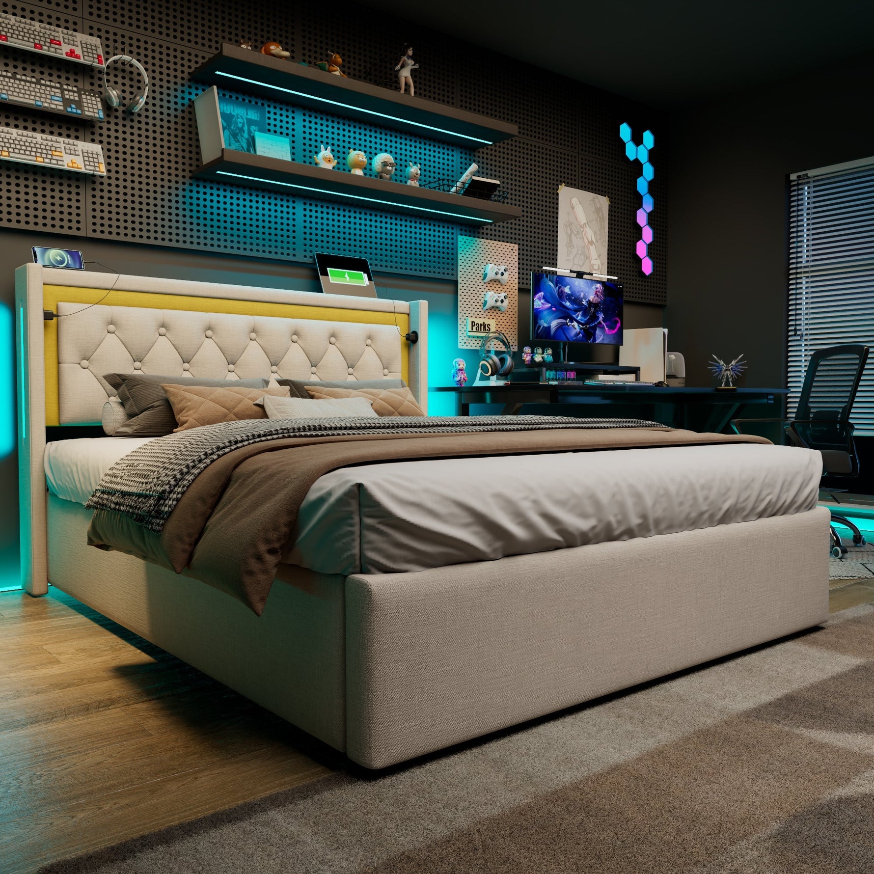 Upholstered Bed with LED, Storage, USB-C Headboard, 140x200 Cotton