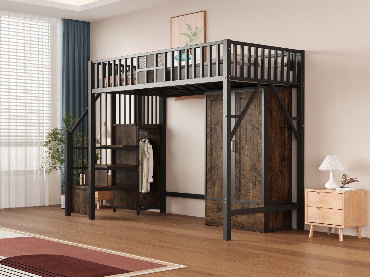Metal Loft Bed 90x200cm Wardrobe Drawers Storage Ladder - Black