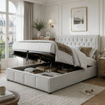 Cotton-Linen Upholstered Bed 160x200cm with Storage, Light Grey