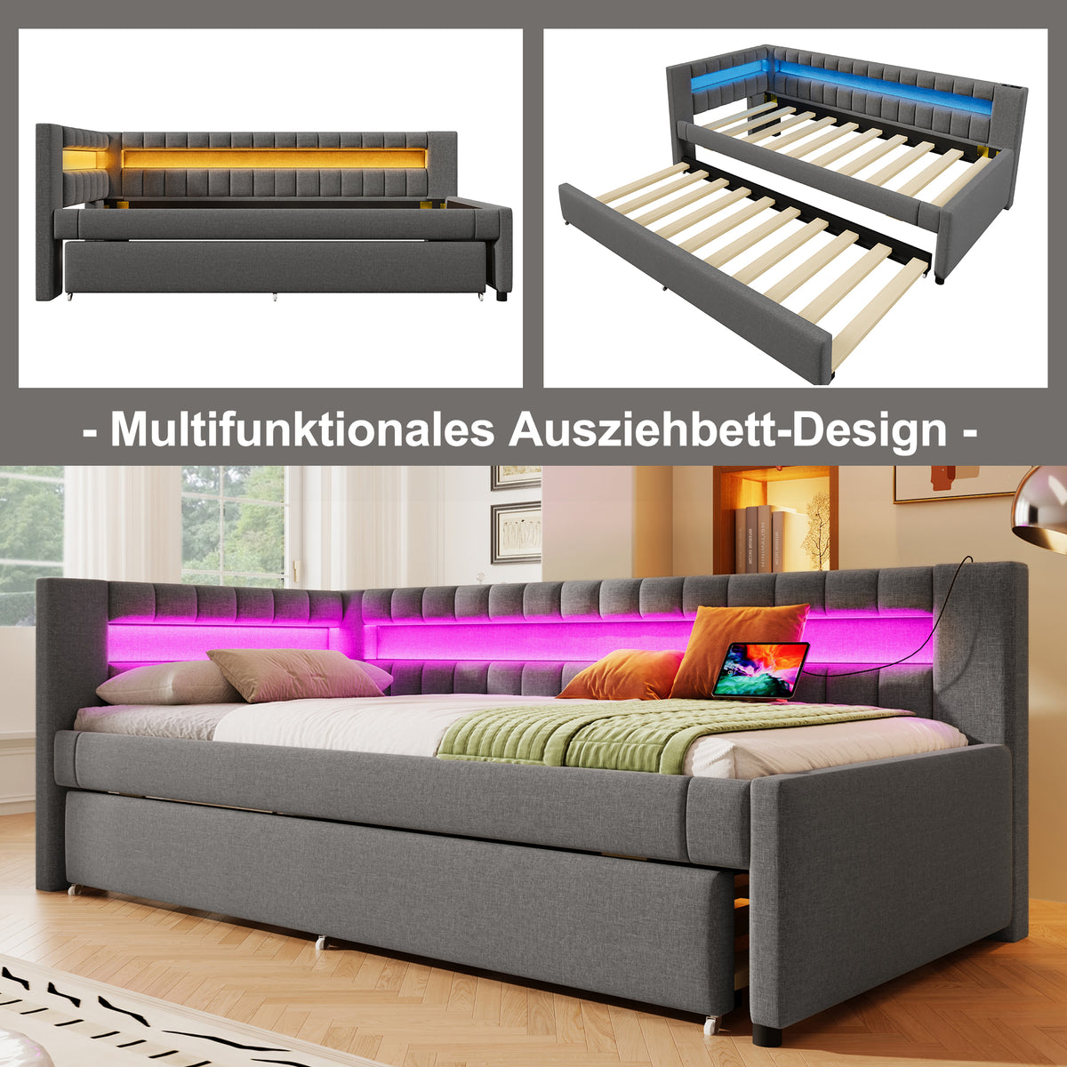 Daybed Sofa Bed 90x200cm with Trundle & LED, Grey Linen