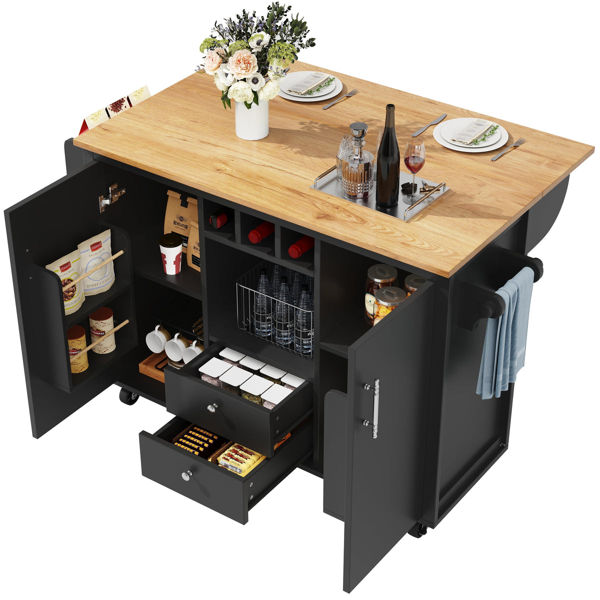 Kitchen Island Trolley 120cm Folding Worktop Wine Rack Adjustable Shelves - White/Black