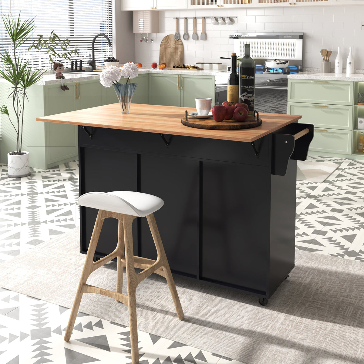 Dining Table Trolley with Folding Tabletop and Storage Cabinets, Black