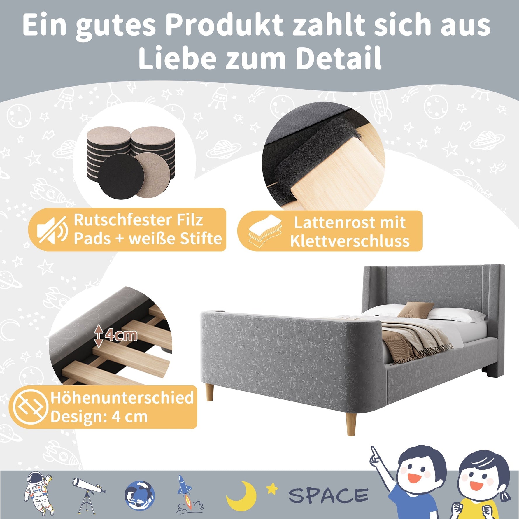 Children's Bed Upholstered Sleigh with Cosmic Pattern, 90x200cm, Grey Velvet