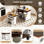 Kitchen Island Mobile Extendable Table Power Strips Ribbed Glass Storage - White/Walnut