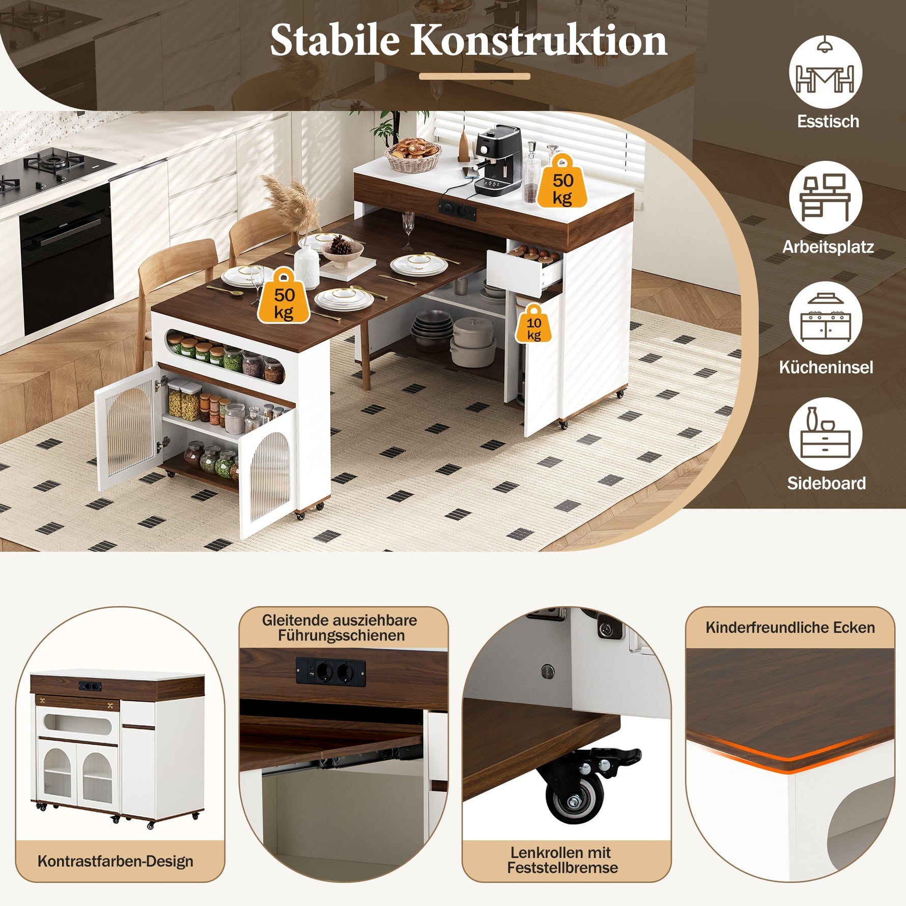 Kitchen Island Mobile Extendable Table Power Strips Ribbed Glass Storage - White/Walnut