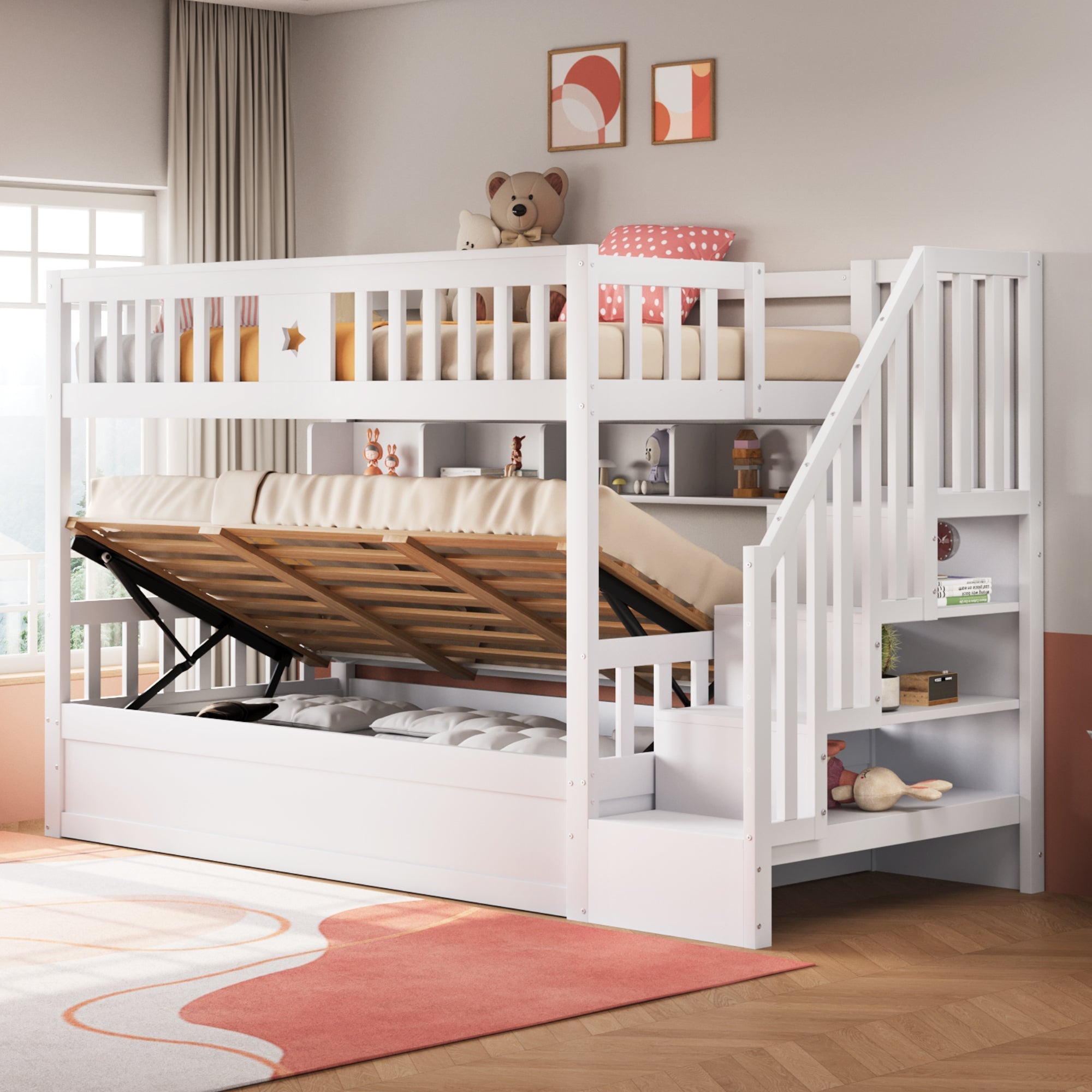 Wooden Bed 90x200cm, Hydraulic Storage, Stairs, Shelves, Loft/Bunk/Youth Bed, White