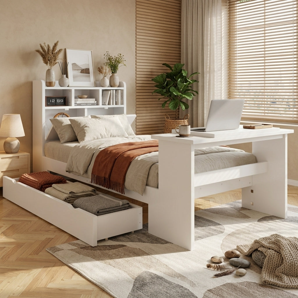 Children's Single Bed 90x200 with Storage Shelf in White Wood